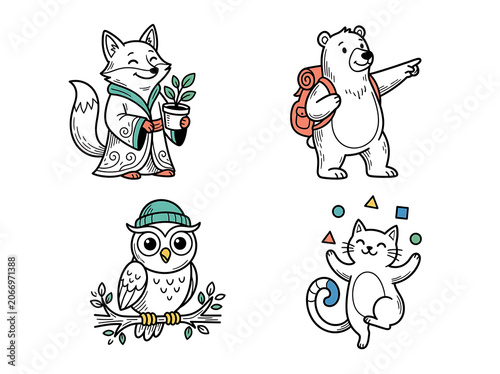 Four cartoon farm animals in a playful group illustration.