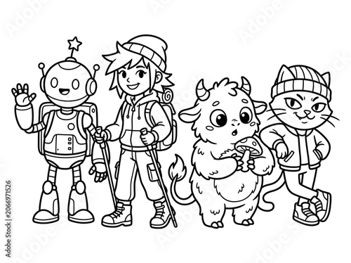 Group of cartoon children holding hands and smiling.