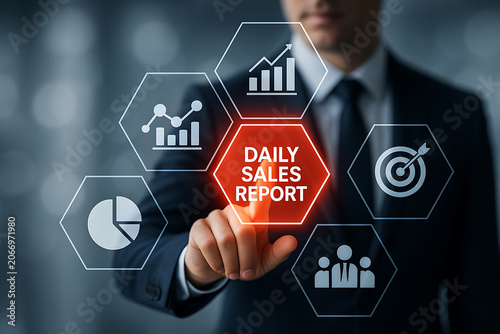 A businessman interacting with a digital display showing a daily sales report and analytics