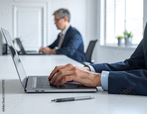 A close-up of a suited individual's hands typing on a laptop, with another person working in the background