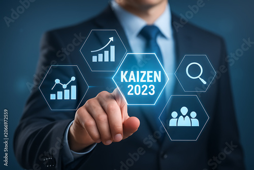 Business professional interacting with a digital display showcasing kaizen and data analytics concepts for 2023