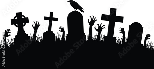 Obraz na plátně Eerie graveyard silhouette featuring zombie hands rising from the grass and a raven on a tombstone in dark light