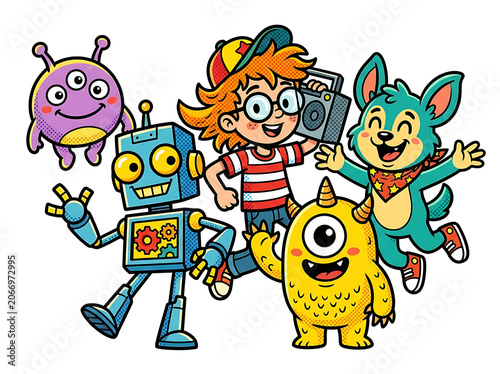 Cartoon children holding colorful gift boxes and balloons.