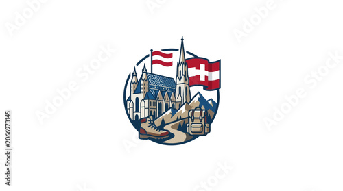 Bild auf Leinwand Swiss Alpine Adventure: Hiking, Mountains, Architecture, and Flags