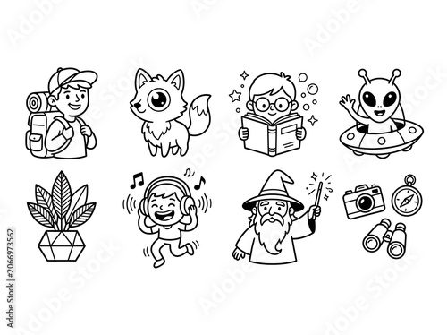 Vector illustration set of diverse cartoon characters and animals.