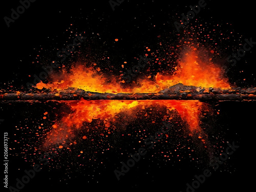 Fiery wildfire burning through dense forest at night.