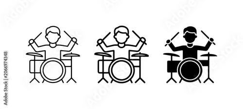 Photography Drummer Icon Set, Musician Playing Drums, Percussionist Vector Graphics
