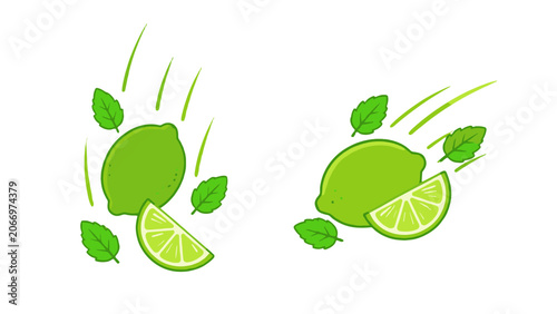 Obraz na plátně Cartoon flying limes with mint leaves on white background