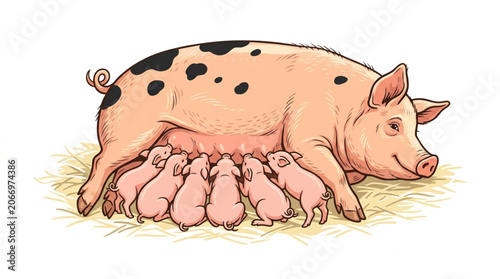 Tableau sur toile Sow nursing her newborn piglets on straw vector illustration