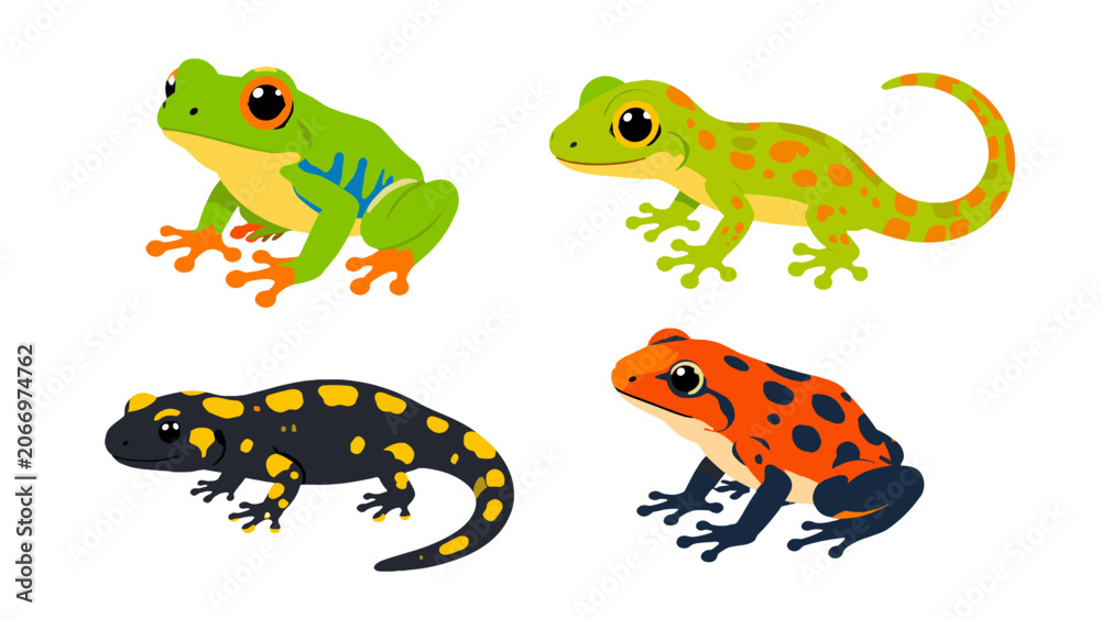 Obraz premium Cartoon frog, lizard and salamander animal set illustration