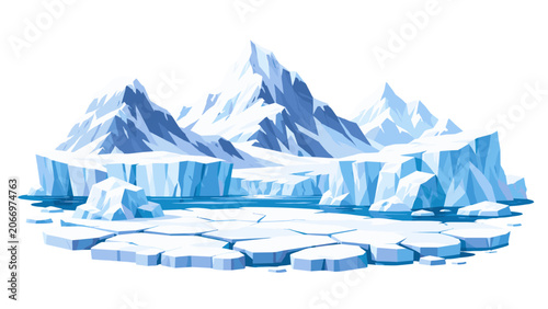 Vector illustration of glaciers, icebergs, and snowy mountains