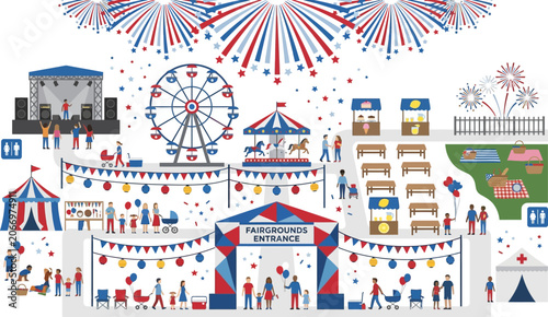 Fairgrounds feature a vibrant carnival scene with a Ferris wheel, carousel, stage, and fireworks display for a festive holiday celebration.