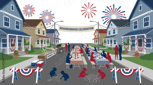Suburban neighborhood hosts a festive street celebration with long tables and fireworks in the sky.