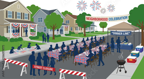 Neighborhood street party brings residents together for an outdoor dinner during a community festival.