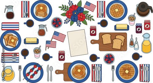 Breakfast spread featuring pancakes and waffles is arranged neatly on a table for a festive meal.