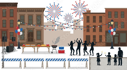 Neighborhood block party shows silhouettes of families enjoying a summer celebration with fireworks and festive string lights.