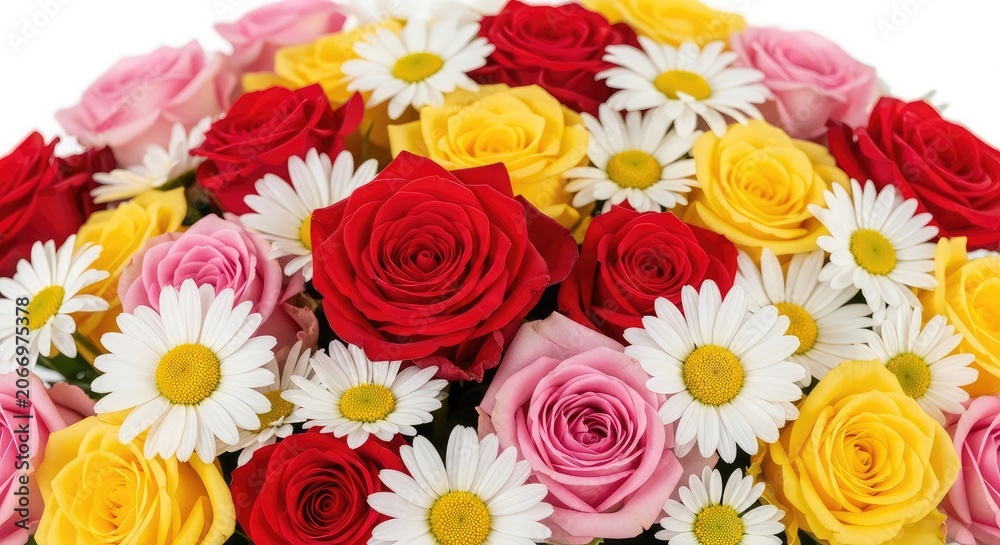 Fototapeta premium Vibrant composition of mixed flowers including roses and daisies arranged in a dense and colorful pattern ideal for backgrounds and decor, garden, pastel, print