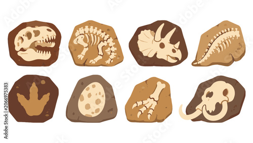 Quadro su tela Cartoon dinosaur fossils and prehistoric remains in stone set