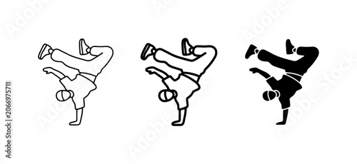 Foto Breakdancer Silhouette, Line Art, and Filled Icon Set: Dynamic Hip Hop Dance Mov