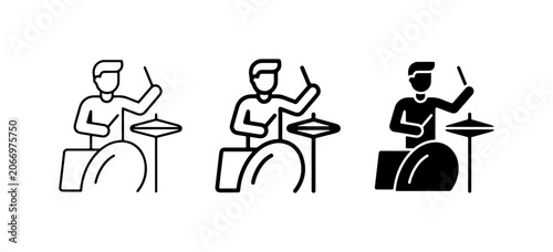 Fotografi Drummer Icon Set: Musician Playing Drums, Percussionist Performance, Music Perfo