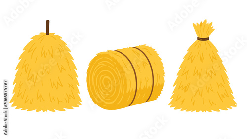Canvas-taulu Set of cartoon haystacks and rolled hay bale vector
