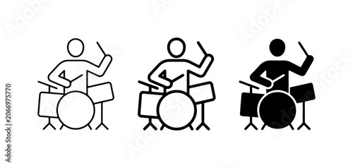 Fotografie Drummer Icon Set, Musician Playing Drums, Percussionist Vector Graphics