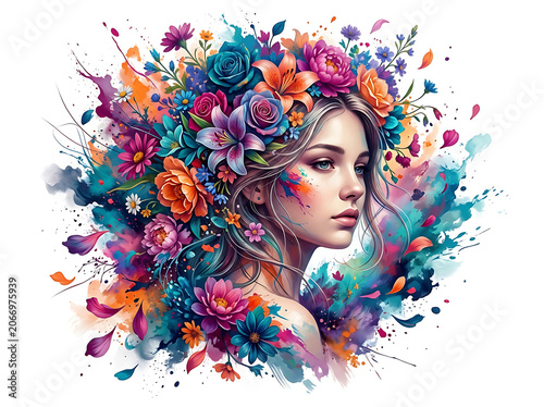 Woman with colorful floral abstract background portrait.