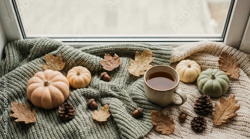 Small pumpkins rest on dark wood. Caramel candies scatter among the autumn leaves. Blank card sits center, ready for text. Warm tones evoke cozy, harvest season