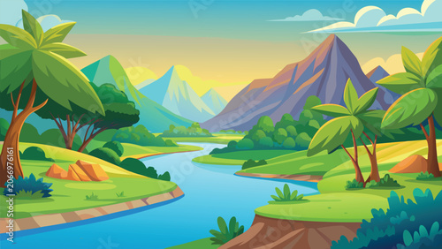 Konstfotografi Lush green valley with winding river during sunrise against majestic mountains v