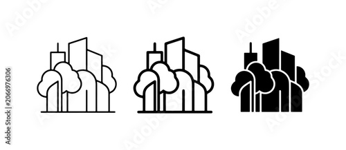 Cityscape Icons: Modern Buildings, Urban Trees, and Skyline Graphics