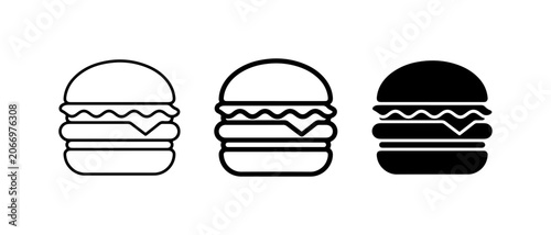 Burger Icons Set: Outline, Filled Outline, Solid Black Vector Graphics for Food and Fast Food