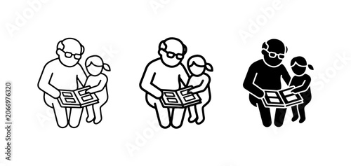 Grandfather Reading Book to Grandchild, Family Storytelling Icons, Black and White Vector Set