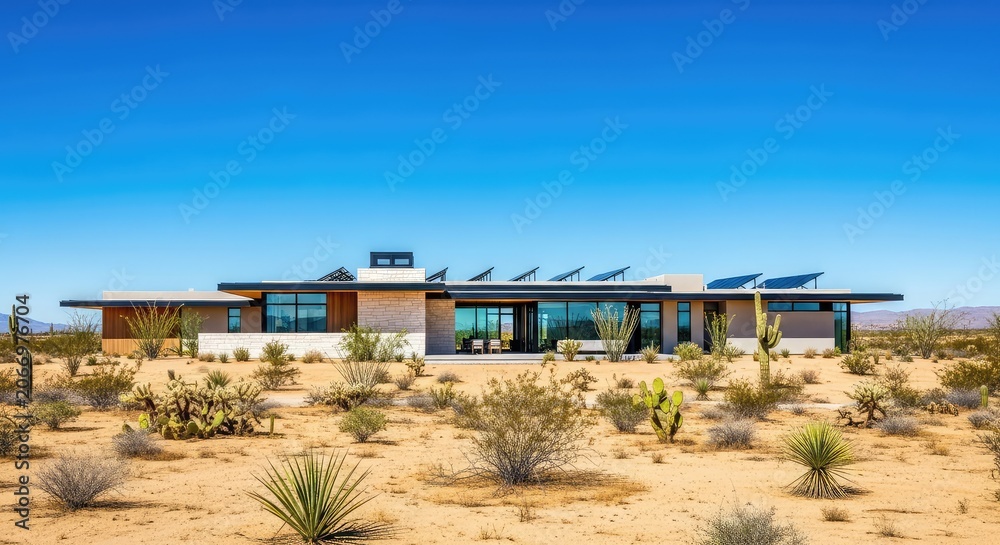 Fototapeta premium A modern desert house features sleek rooftop solar panels under a bright blue sky, showcasing sustainable living in a hot, sunny environment, construction, xeriscape, power
