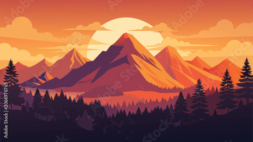 Mountain landscape during sunset with sun and clouds pine forest foreground vector illustration