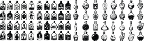 Set of assorted glass bottle vector illustrations featuring miniature landscapes and various mystical liquid potion containers