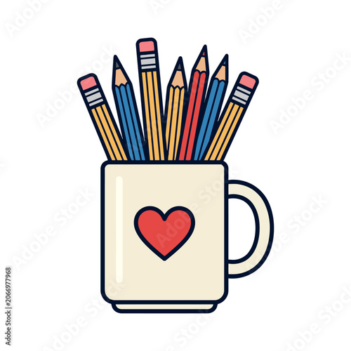 A cute white mug decorated with a heart filled with colorful pencils