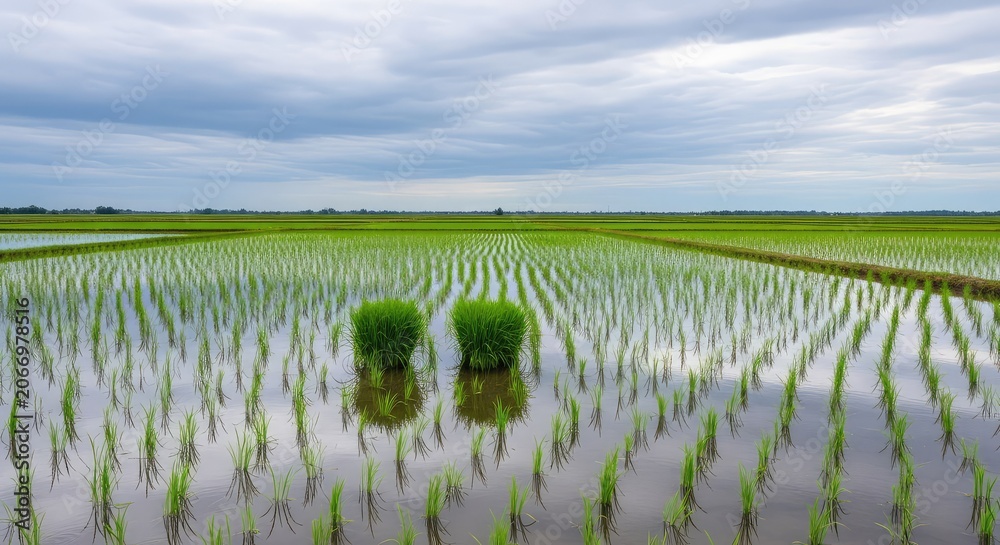 Obraz premium Panoramic view of flooded paddy fields reflecting a soft overcast sky, capturing peaceful agricultural beauty and lush organic textures, horizon, earth, calm