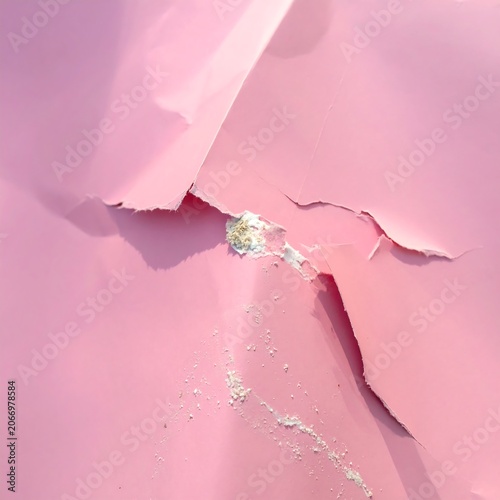 A close-up of a torn pink paper with a shiny object underneath