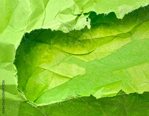 A close-up of a torn and crumpled piece of green paper