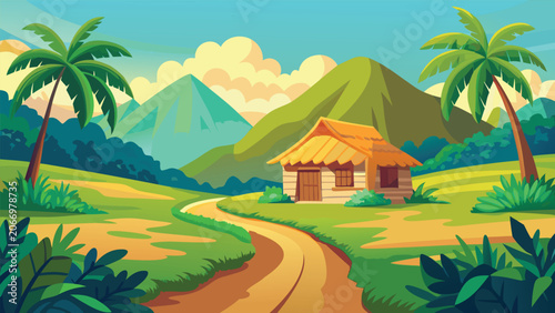 Obraz na płótnie Tropical landscape with a hut and palm trees during daytime with vibrant colors