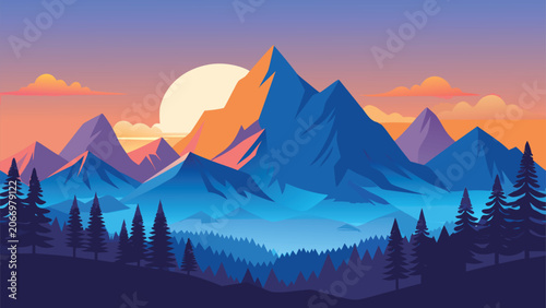 Vibrant mountain range at sunset with pine forest foreground and sun setting behind peaks vector illustration