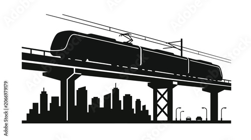 Fotografie Monorail Train With Cityscape Black And White Silhouette