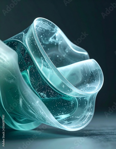 A close-up of a translucent, wavy, cylindrical object on a dark surface
