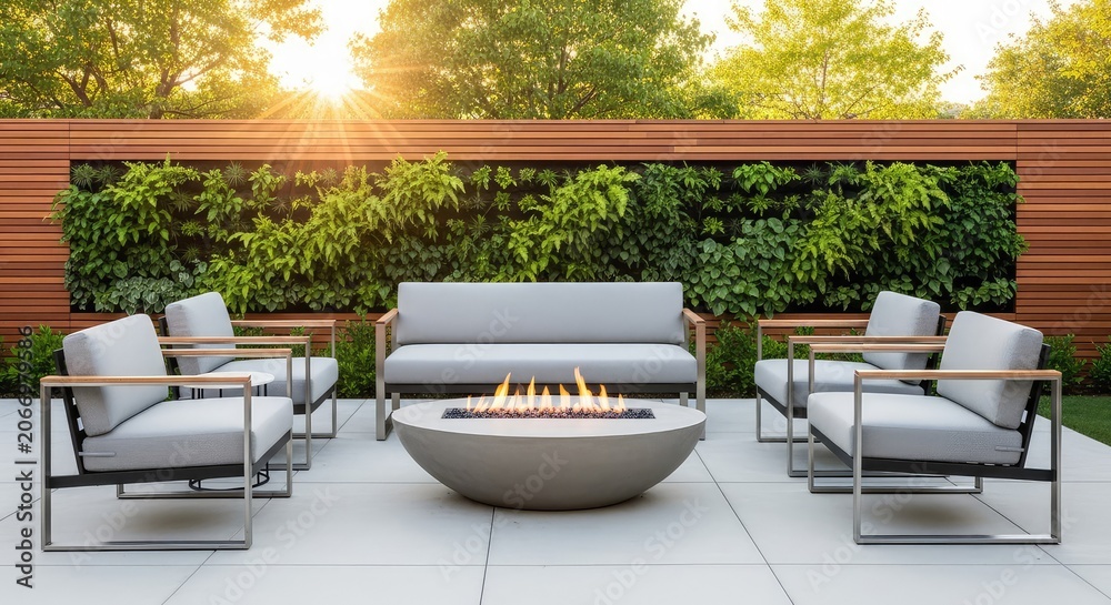 Fototapeta premium A sleek modern backyard patio featuring a central concrete fire pit, outdoor furniture, and a lush vertical garden against a wooden wall, leisure, furniture, vertical garden