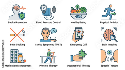 Stroke Recovery and Prevention Icons Set.