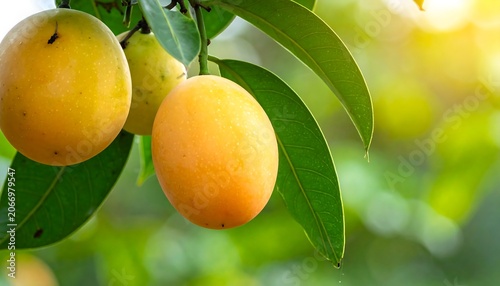 A close-up of a tree branch with several yellow-orange fruits and green leaves