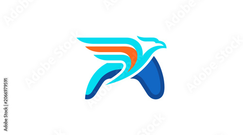 Stylized blue and orange bird logo.