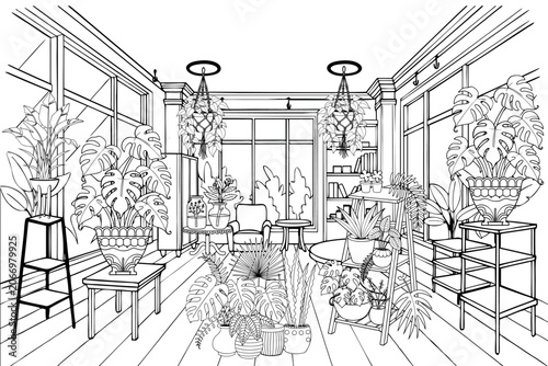 Indoor Jungle Plant Room Coloring Book Page Elements