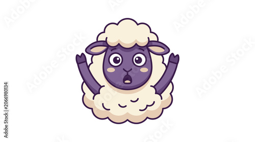 Surprised cartoon sheep with raised arms.
