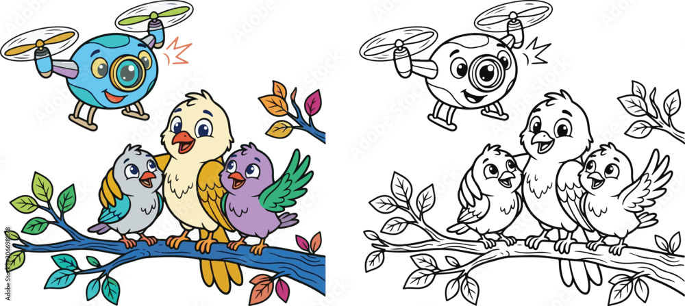 Obraz premium drone taking family selfies flying in sky cloud cartoon clipart and lineart print vector illustration for color coloring book